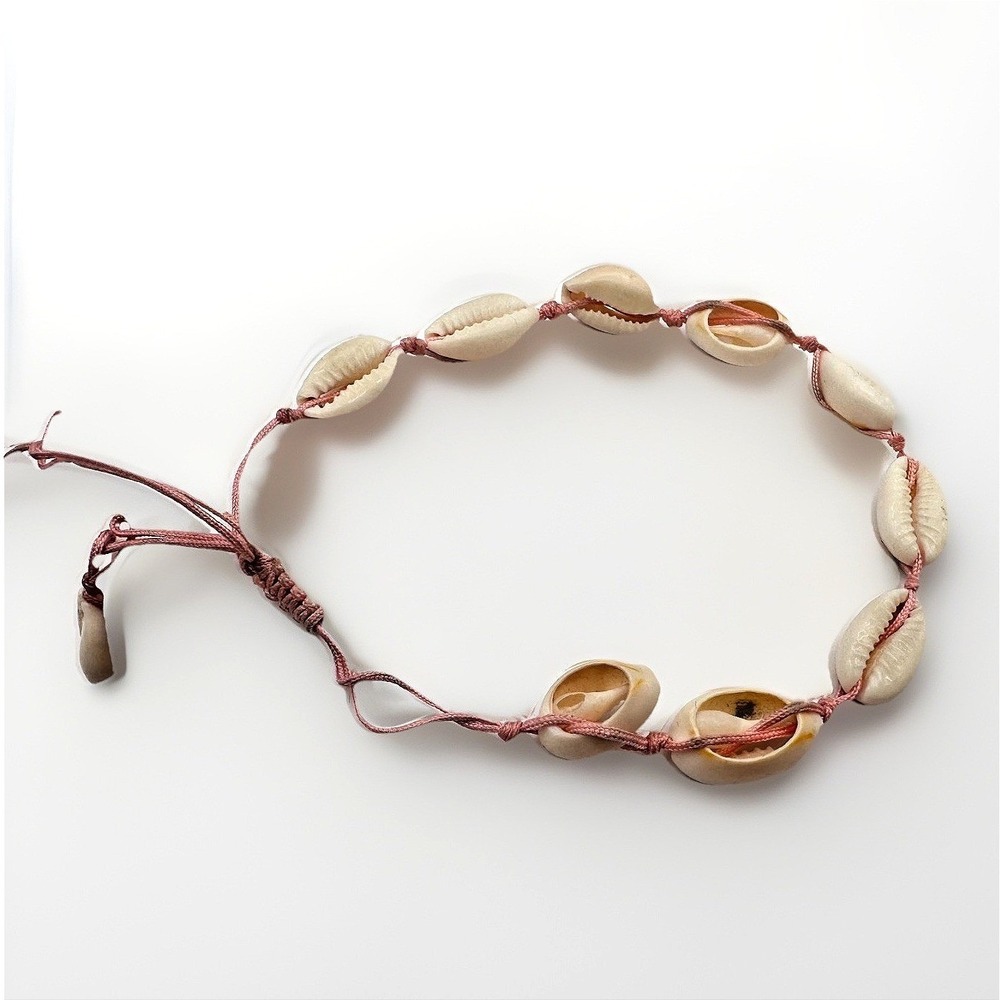 Vintage Y2K Pink Cord Cream Cowrie Shell‎ Knotted Bracelet Nautical Jewelry